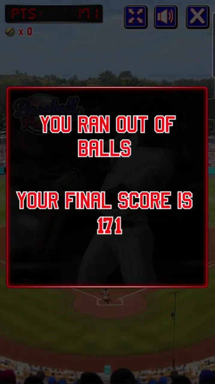 BASEBALL 9 screenshot showing the game-over screen with the message 'You ran out of balls' and a final score of 171.