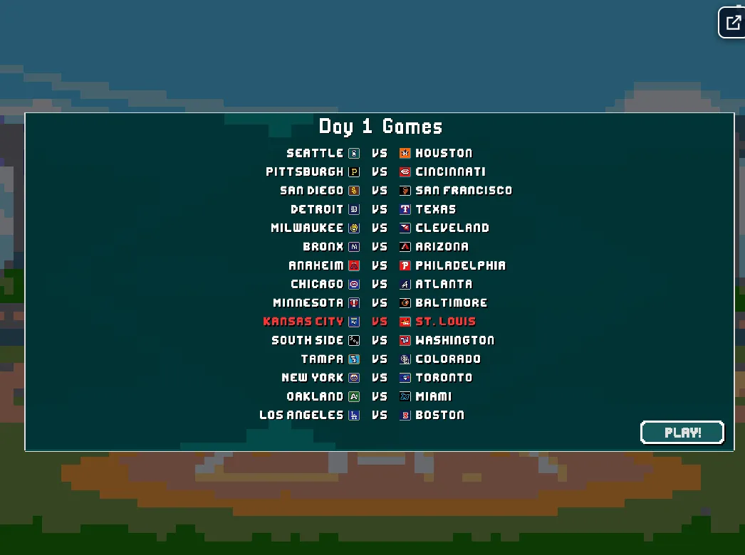 Baseball Bros screenshot showing the Day 1 Games schedule with 15 team matchups and a PLAY! button at the bottom right.