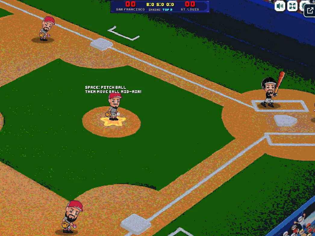 Baseball Bros screenshot of a pitcher on the mound, with the on-screen prompt to pitch and move the ball mid-air.