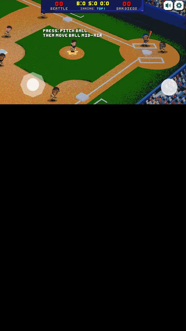 Baseball Bros screenshot on a phone showing the pitcher on the mound with the on-screen move and pitch touch buttons.