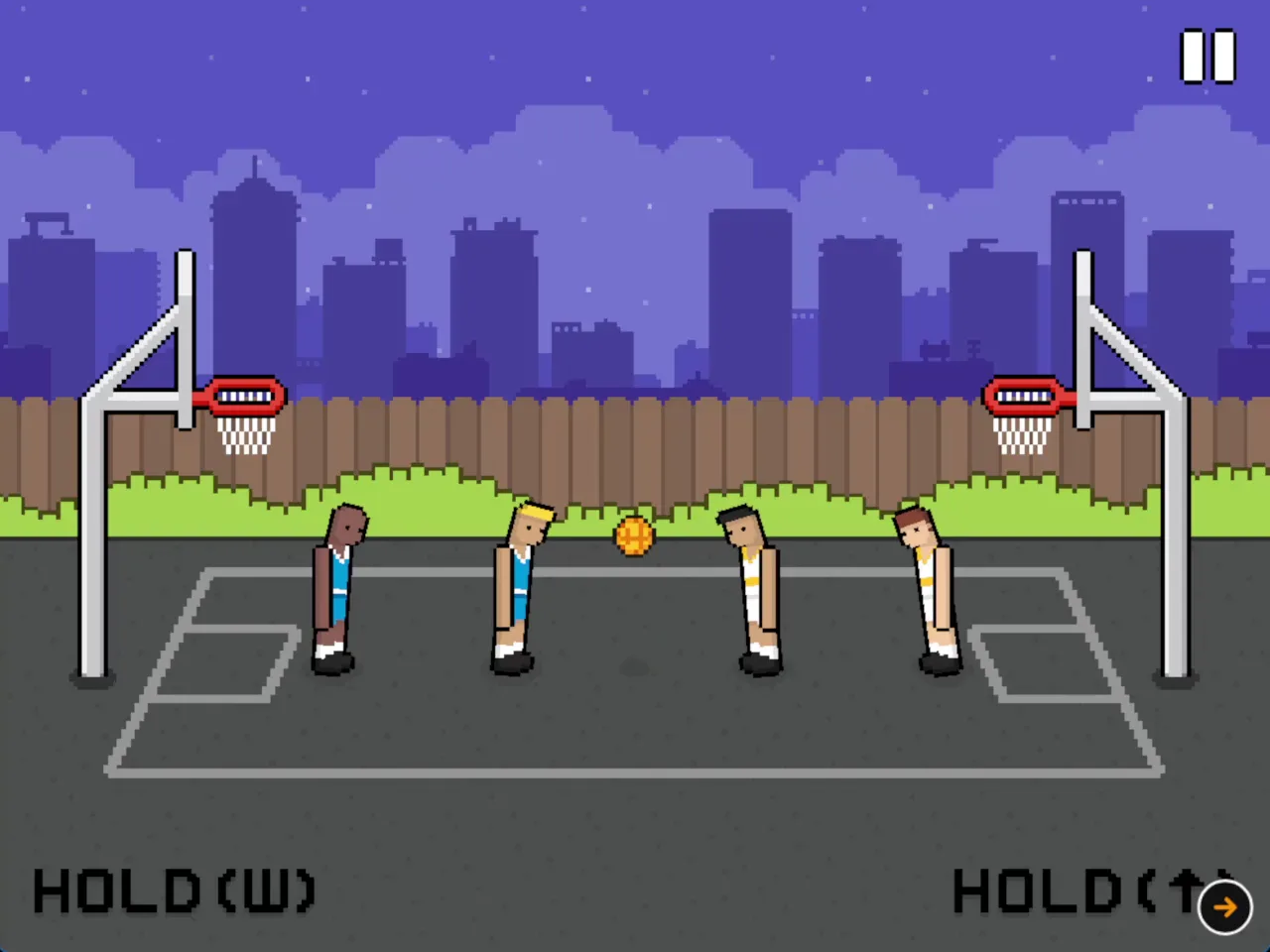 Basket Random game screenshot showing four pixel players, a ball in the air, and two hoops on an outdoor court.
