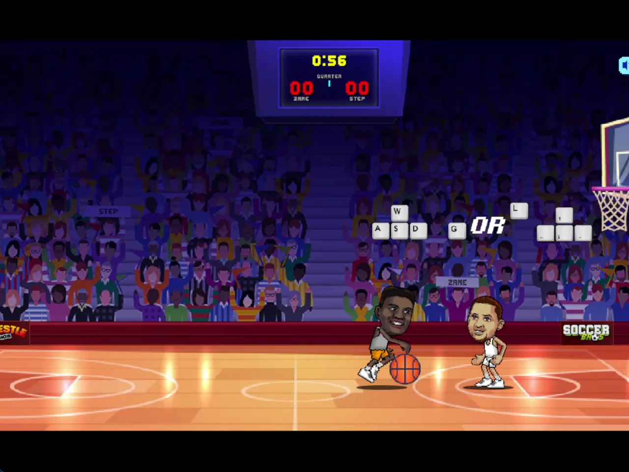 Basketball Bros screenshot on a desktop showing a player dribbling a ball beside a defender, with the timer at 0:56.
