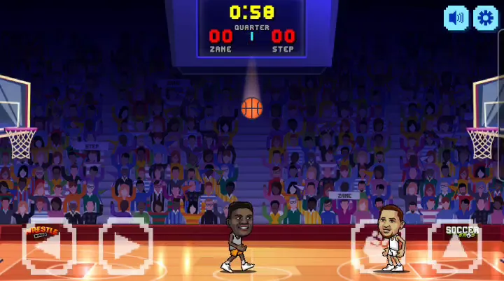 Basketball Bros screenshot on a phone showing two players on the court with on-screen touch buttons along the bottom edge.