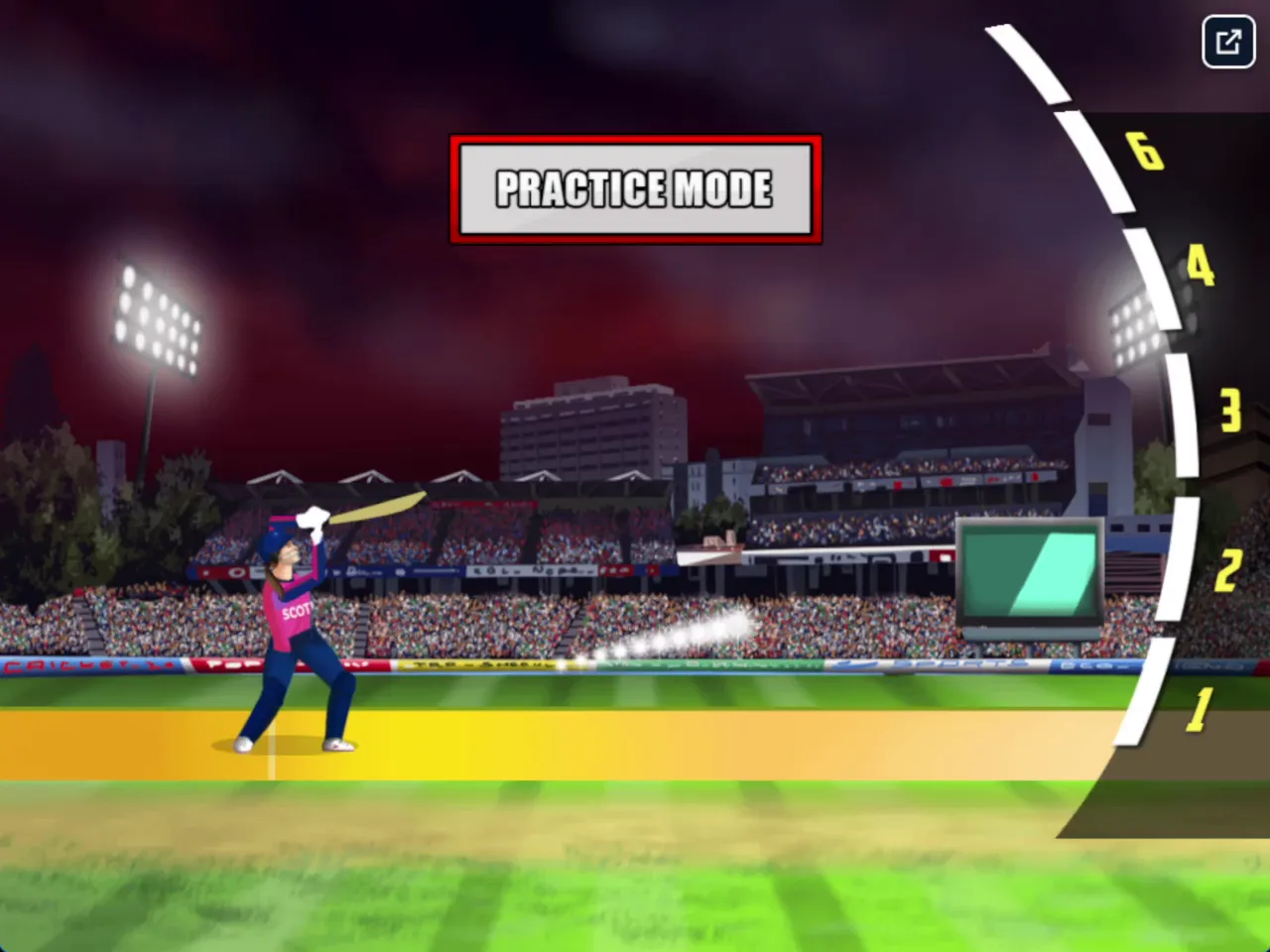 Cricket World Cup screenshot in Practice Mode showing a batter mid-swing beside a numbered 1 to 6 arc on the right.