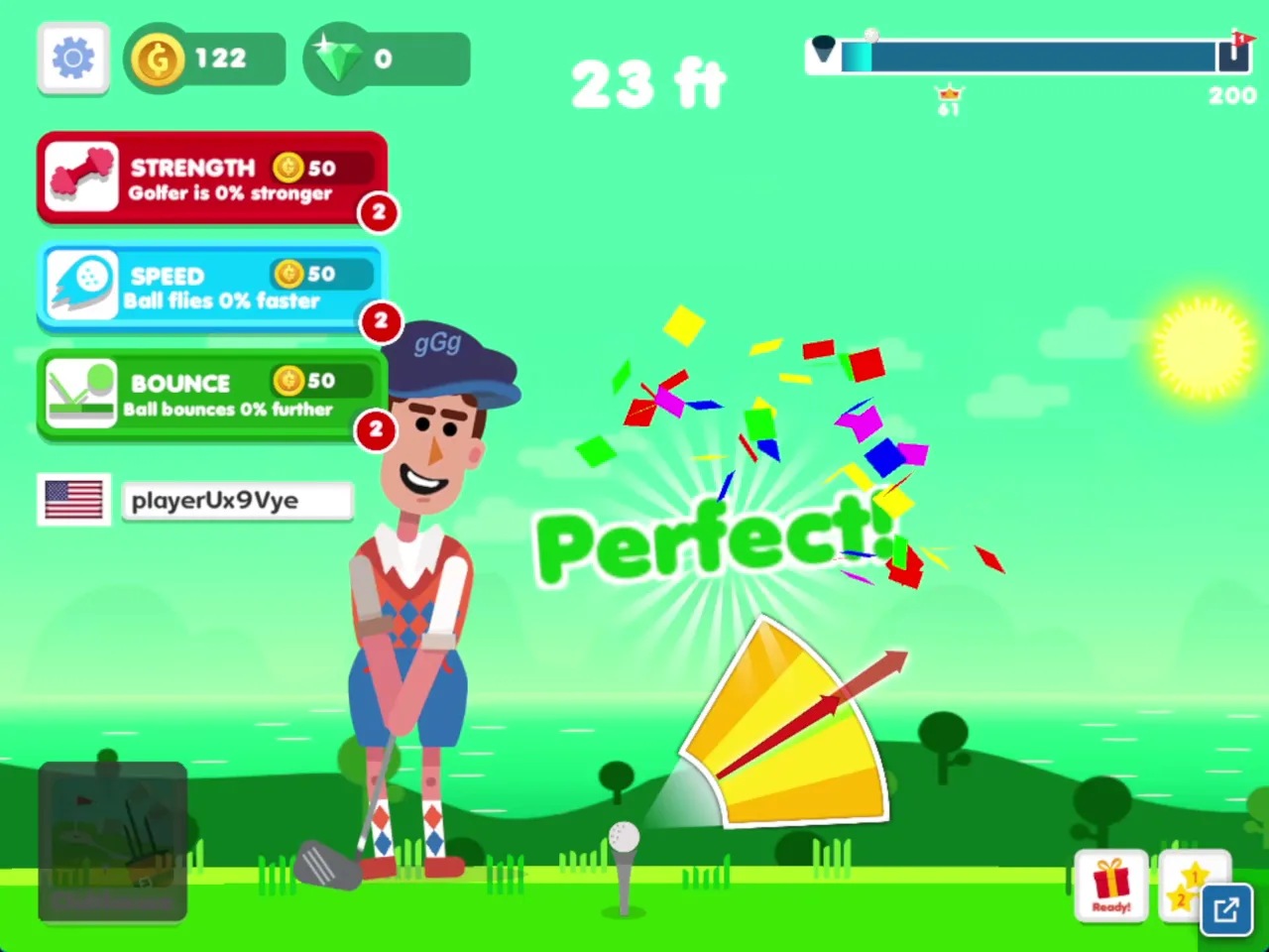 Golf Hit screenshot showing a Perfect! ball hit with the power meter, 23 ft to the hole and 122 coins on screen.