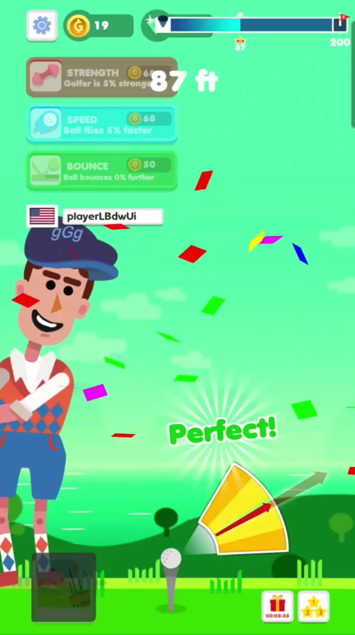 Golf Hit screenshot on a phone showing a Perfect! power meter swing, upgrade cards and the 87 ft distance readout.