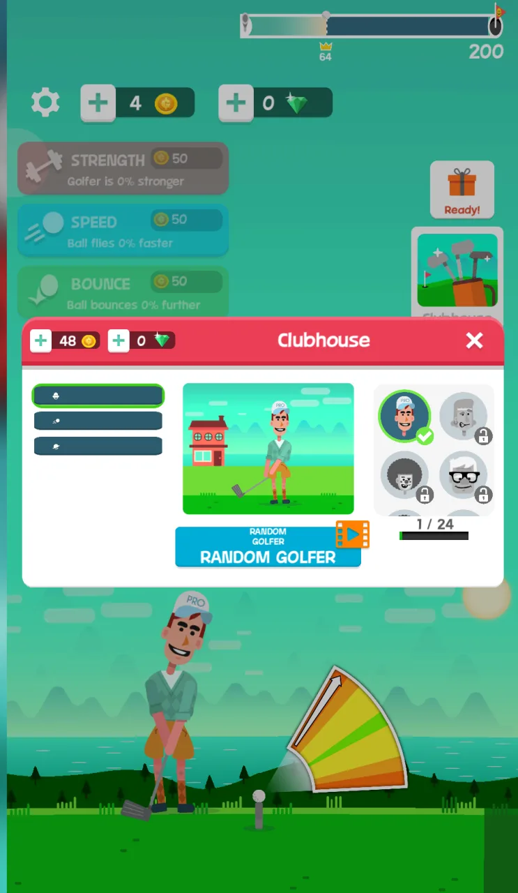 Golf Orbit screenshot of the Clubhouse player grid with locked golfers marked by padlocks and a 1 / 24 unlock counter.