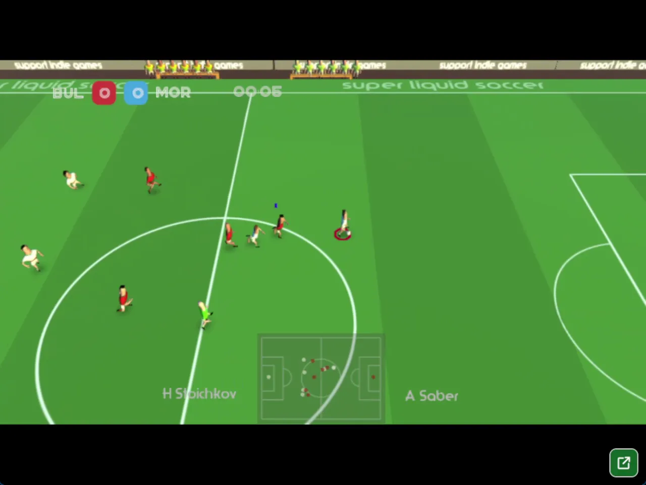 Super Liquid Soccer screenshot of a match between BUL and MOR, with the score 0 to 0 and the timer at 00:05 in the top bar.
