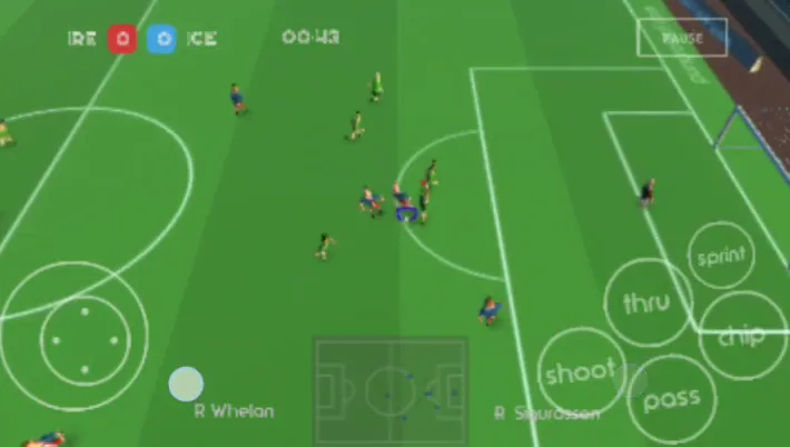 Super Liquid Soccer screenshot on a phone showing a match with a move joystick and shoot, pass, chip and sprint buttons.